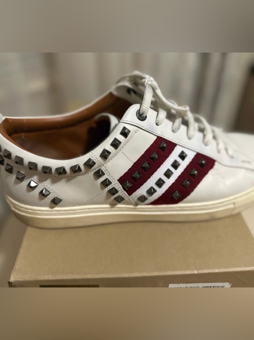 Bally White Leather Sneaker with Red Stripes and Studs